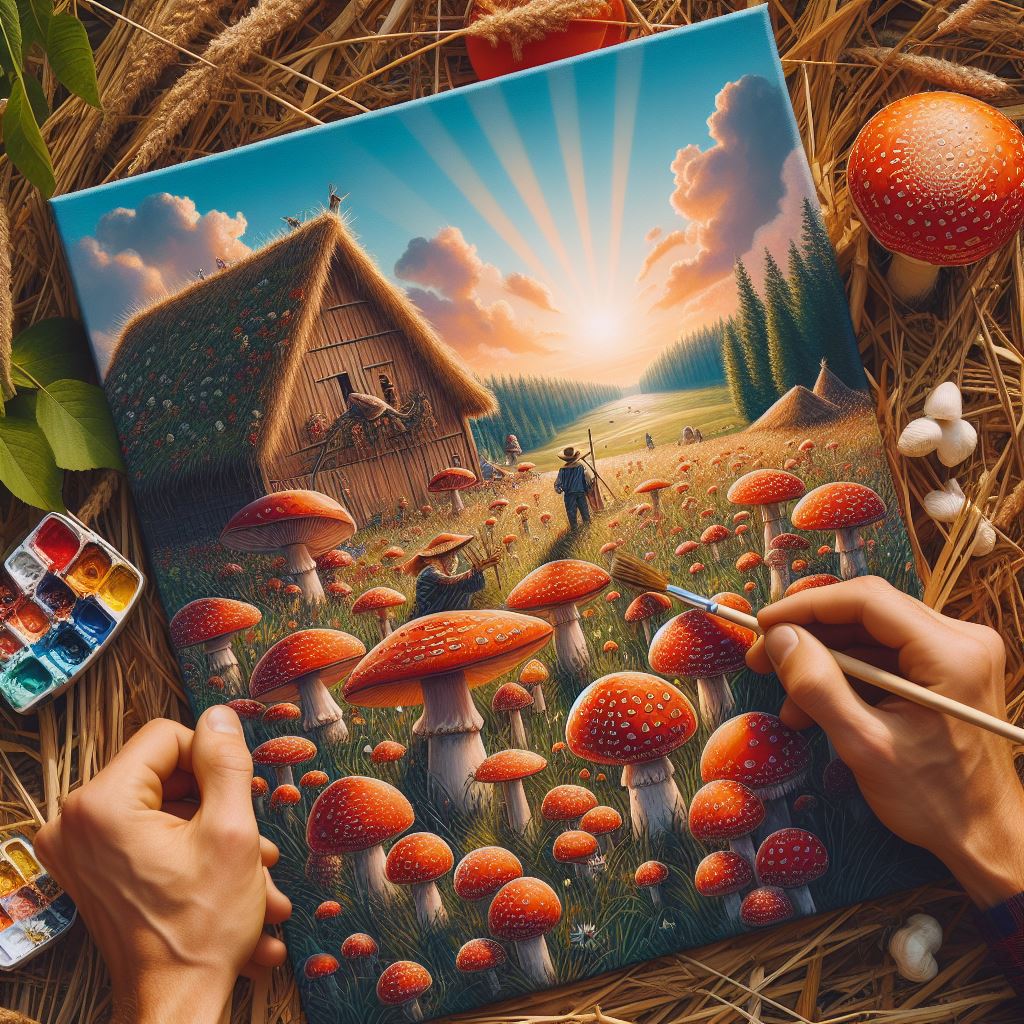 Farmers immersed in a sunny Amanita Muscaria-filled landscape, joyfully painting on canvas. A vibrant portrait capturing the beauty of nature's bounty and the artistic essence of cultivating with mushrooms under the warm glow of a sunny day. 🍄🌞🎨 #AmanitaMuscaria #MushroomHarvest #NatureArtistry
