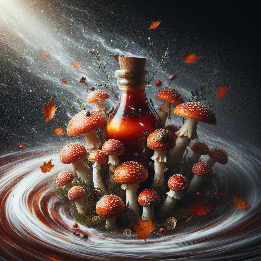 Close-up of Amanita Muscaria Tincture Extract - vibrant and enchanting mushroom elixir.