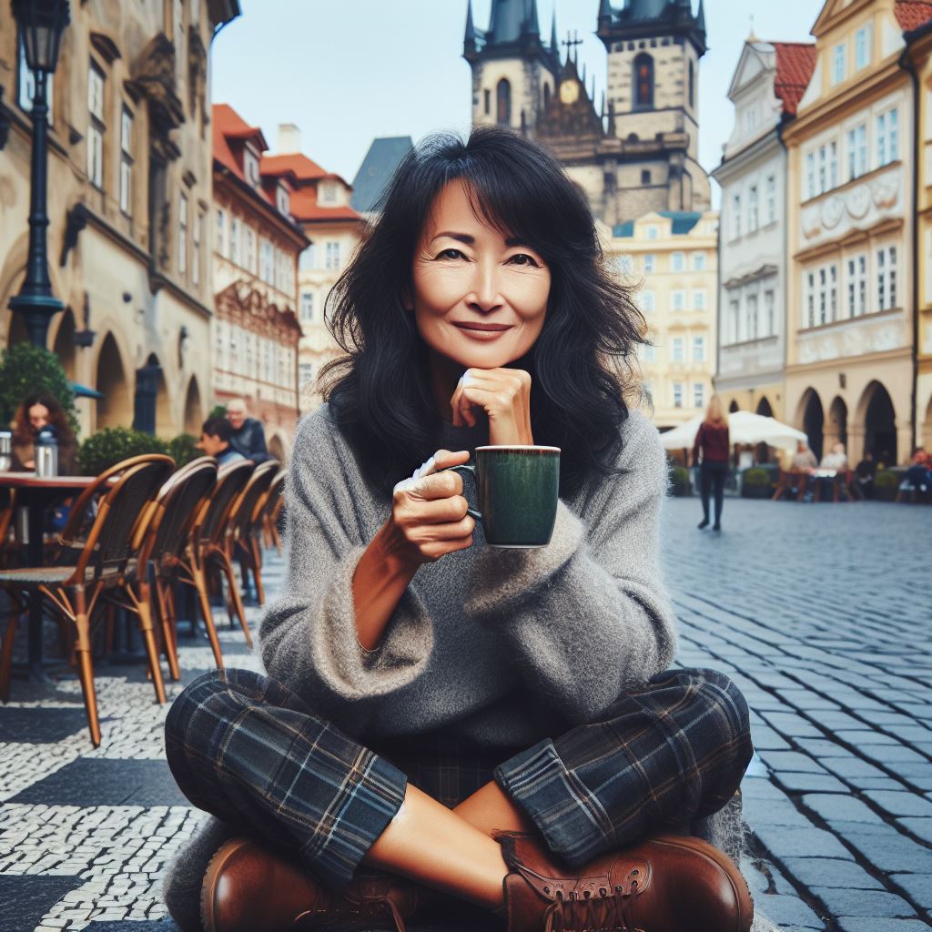 A 45-year-old woman from Slovakia enjoys a cup of coffee while seated in front of the historic Prague Old Town.
