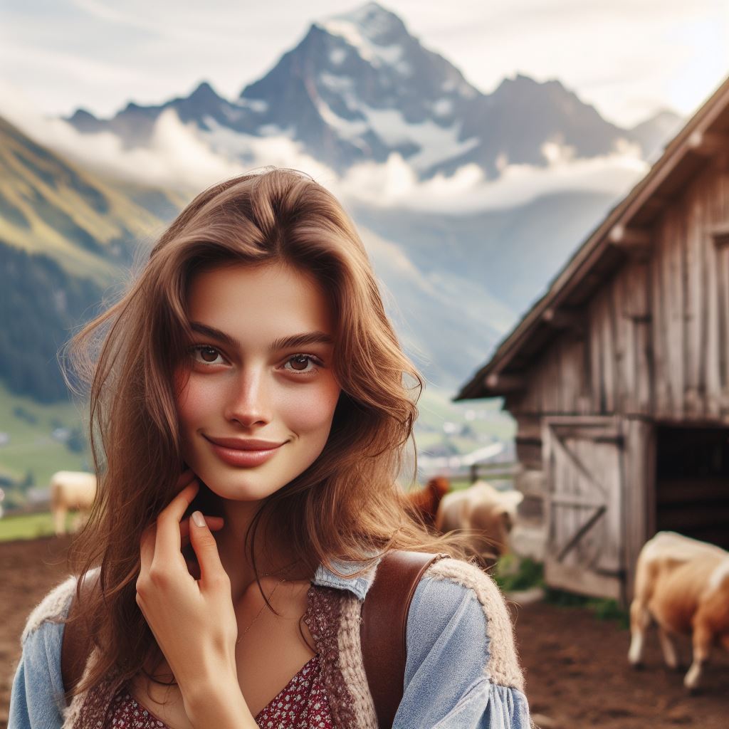 A smiling girl from Switzerland standing in front of a rustic old barn, with majestic mountains towering in the background.