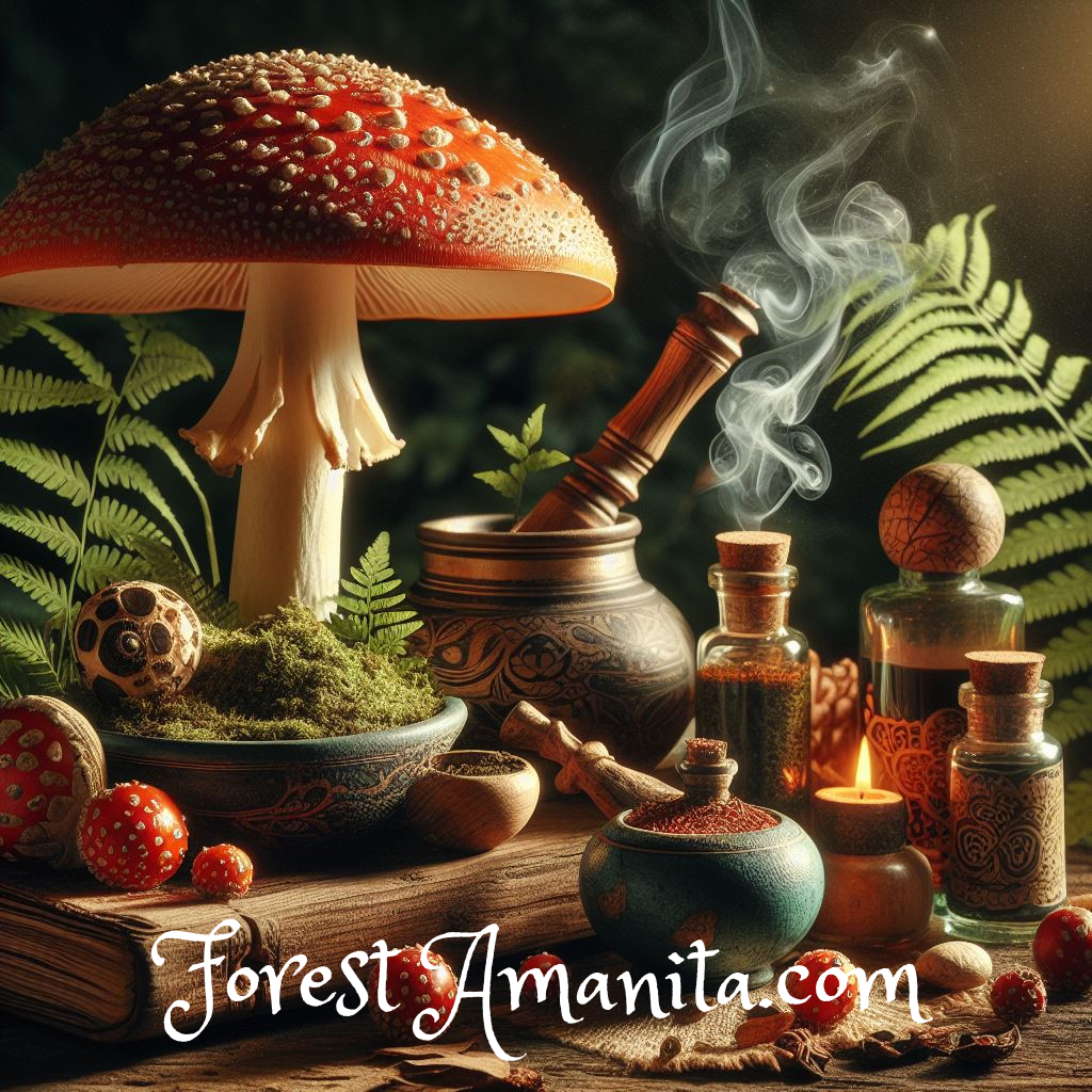 An Amanita Muscaria mushroom in a shamanic practice setting, symbolizing ancient rituals and spiritual exploration. The mystical ambiance is enhanced by the mushroom's distinct cap and stem, hinting at the profound connection between nature, shamanism, and transcendent experiences. 🍄🌌 #AmanitaMuscaria #ShamanicPractice #MysticalJourney